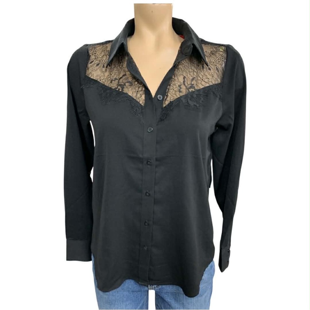 Maison D Amelie Satin Chic Black Lace Button Down Shirt Size S